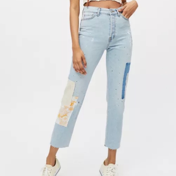 Urban Outfitters BDG Patchwork Jeans High Rise Slim Straight Denim Floral Patch - Picture 1 of 13